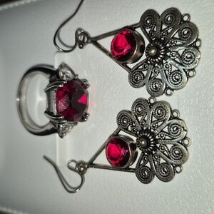 Silver And Red/clear Quartz Ring Set